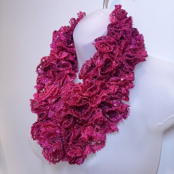 3/$20 Handmade Ruffled Sequin Infinity Scarf Magenta Stretchy Fall Winter - Picture 7 of 11